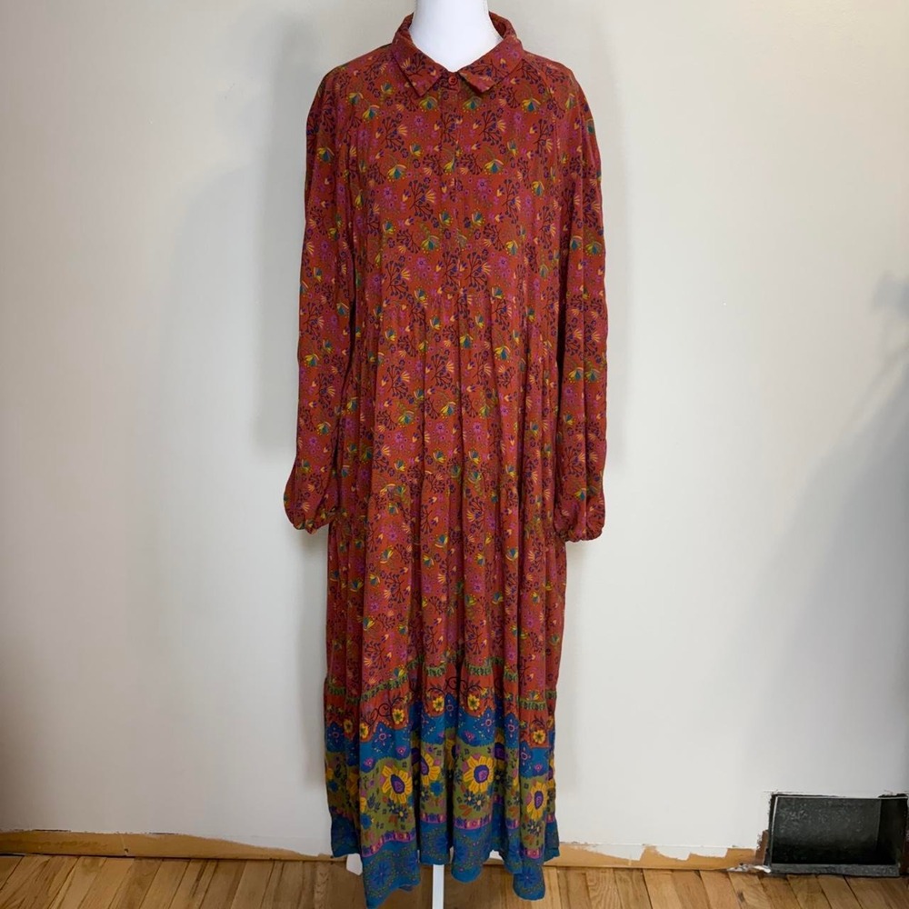 Rust Floral Long-Sleeve Button Front Maxi Dress